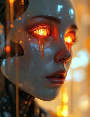 The primary subject of the image is a woman with a robotic face, featuring glowing red eyes. The setting is a futuristic environment, with the woman standing in front of a backdrop of a city. The visual style is a combination of photo and digital art, creating a unique and intriguing image. The colors and mood of the image are predominantly dark and mysterious, with the glowing red eyes adding a touch of danger and intrigue.